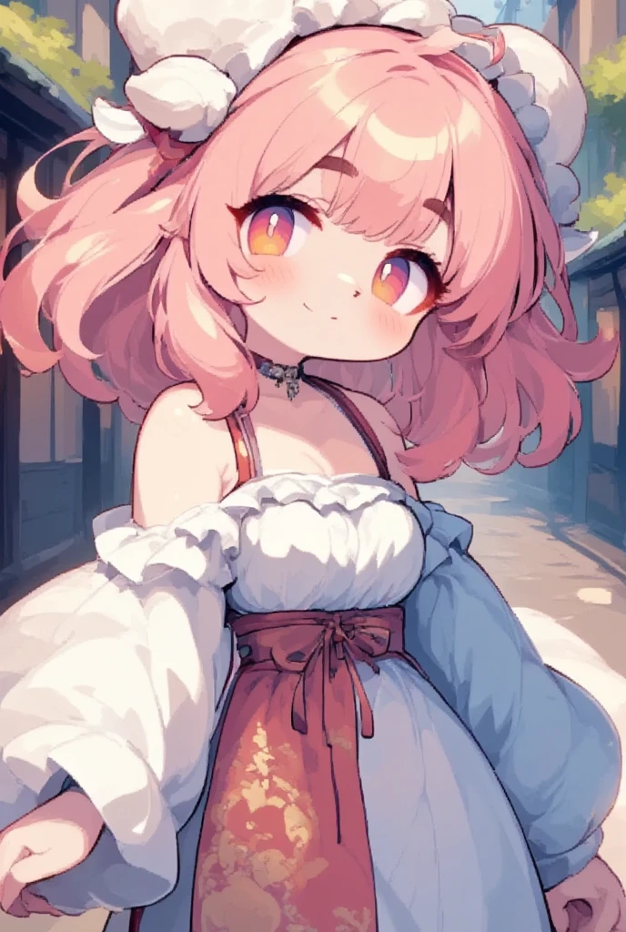 (masterpiece, best quality:1.2), 1girl, solo, sheep girl, sheep, pink hair, chinese clothes, detached sleeves, choker, frilled sleeves, furry, anime style,