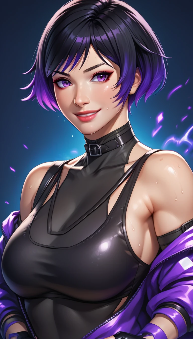 score_9, score_8_up, score_8_up,
reina mishima, reina mishima \(tekken\),reina mishima outfit \(tekken\), 1girl, solo, breasts, looking at viewer, smile, short hair, large breasts, black hair, gloves, bare shoulders, purple eyes, jacket, upper body, purple hair, multicolored hair, sweat, choker, black gloves, fingerless gloves, lips