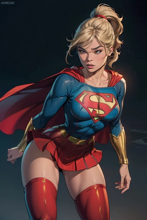 a girl, supergirl, top views, Young Elizabeth Taylor as Supergirl, blond,Long hair,blue eyes,Beautiful eyes,Expression,Lively expressions,Detailed facial description,Rich in details,Blue tight camisole,Red s logo on chest, huge breasts, Nipple convexity, Nipple bulges,Huge ass, Camel toe clear,big legs, plump body,Red triangle thong,High heel boots。Top of a skyscraper,Fly in the air,Rich in details