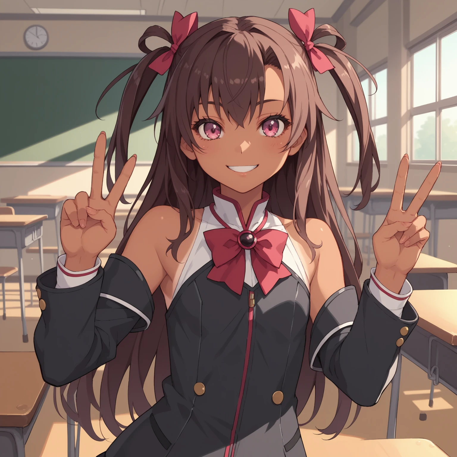  viewers,smile,  open mouse,
anime screencap,
Alone,Mizuki_ yukikaze,
Mizuki Yukikaze , One girl ,Brown Hair, long hair,two side up, hair ring,dark pink eyes , tan,
 hair bow,
Thai suit  ,Bare shoulders,
 school classroom, red cheeks , shyly , peace sign,