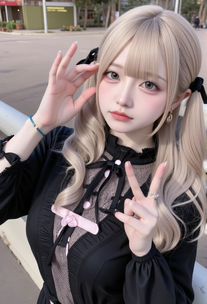 nsfw,Jiraikei_Fashion_Flux,masterpiece, best quality, hyper detailed, insanely detailed, 16k, absurdres, japanese,cute, kawaii, photorealistic, Realism, raw photo, real person,Angelic Very beautiful cute girl,20 yo,Beautiful detailed eyes, Detailed double eyelids,large breasts,

full body, she wears a dark lace dress adorned with pastel pink accents,wide shot,Her blonde twin tails tied with black ribbons gently fall over her shoulders as she looks down at the viewer with a smug,,night,city