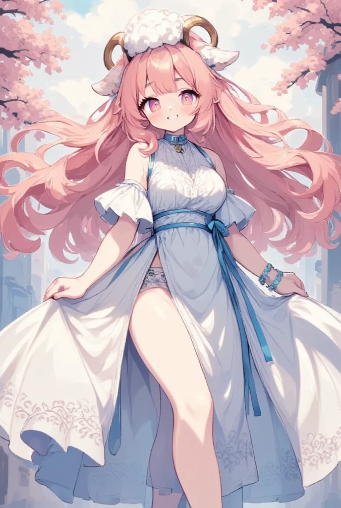 (masterpiece, best quality:1.2), 1girl, solo, sheep girl, sheep horns, pink hair, chinese clothes, detached sleeves, choker, frilled sleeves, furry, anime style,