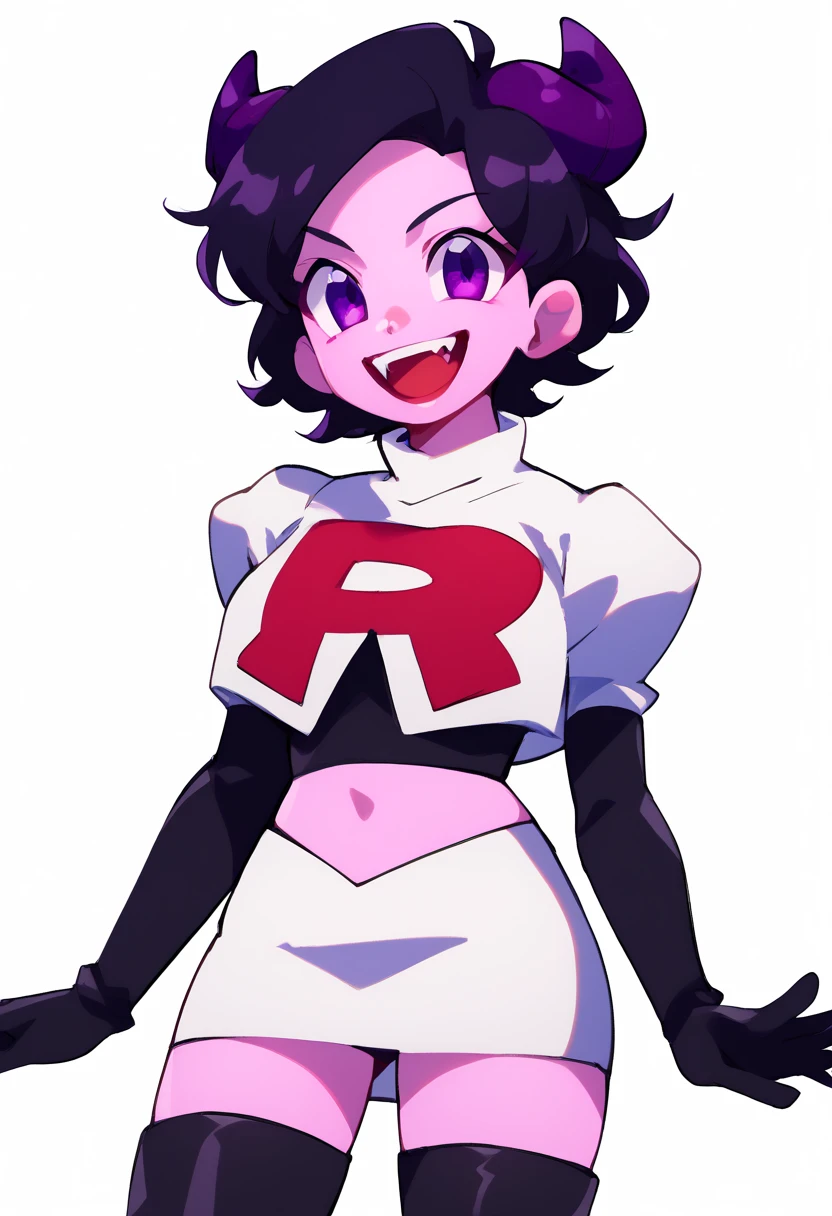 jellybean_yt, solo, looking at viewer, smile, short hair, open mouth, black hair, 1girl, white background, purple eyes, female focus, horns, teeth, colored skin, fangs, team rocket,team rocket uniform,white skirt,red letter R,crop top,black thigh-highs,black elbow gloves, source