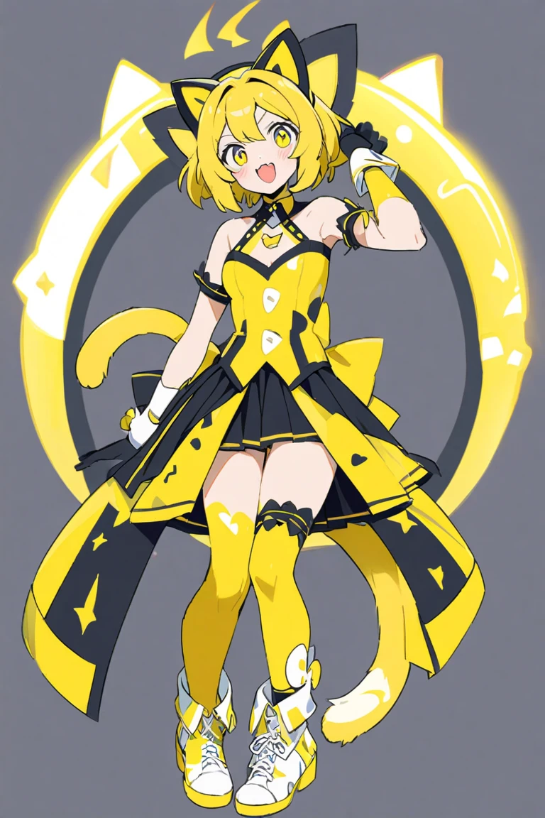 masterpiece,(best quality) magical girl,Lazer gun, yellow, spikey hair, medium sized breasts, unique design,( ( character concept art ) )