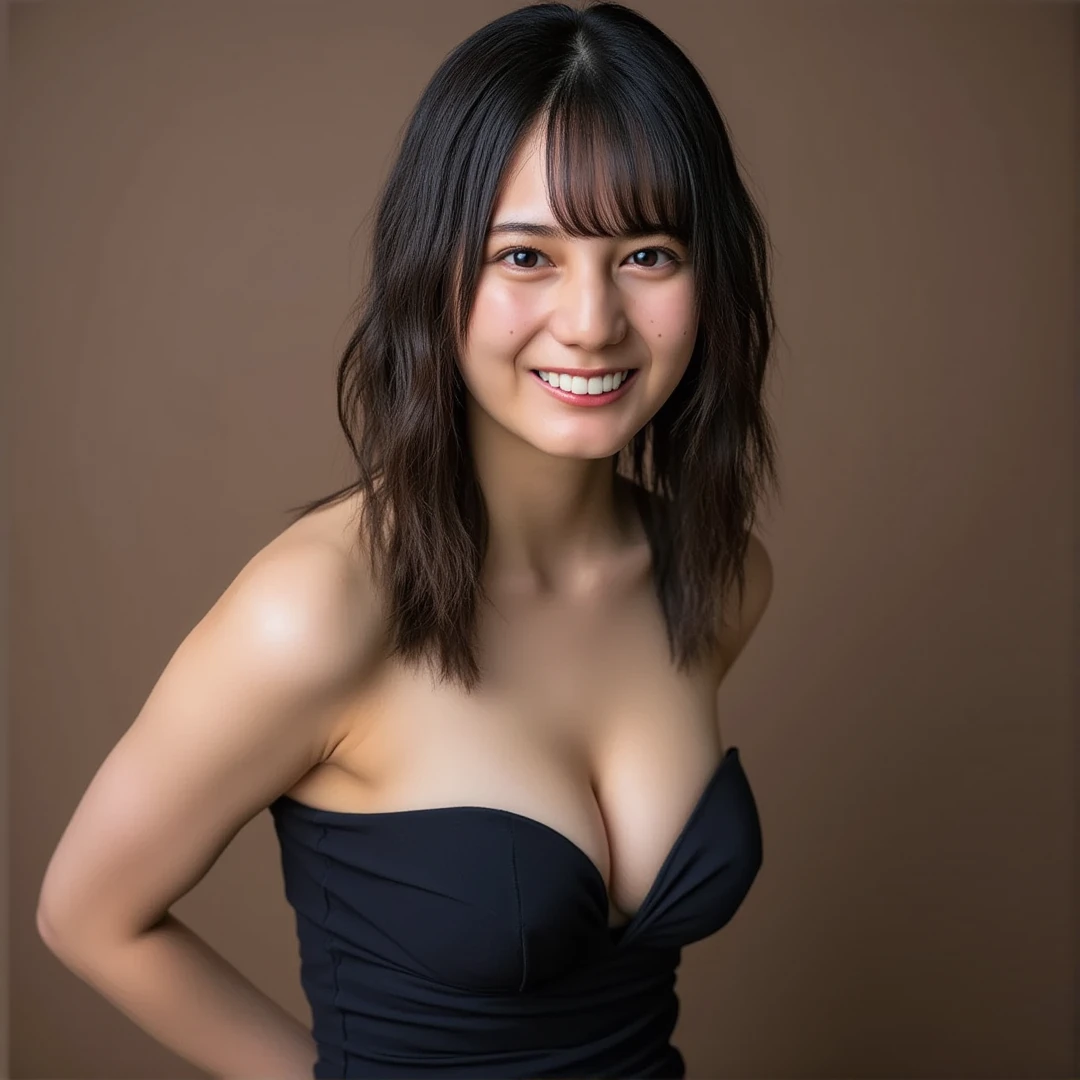 ((( top quality, very detailed, Masterpiece , very detailed,realistic,real person))) ,simple background, from front, medium shot, looking at viewer , smile, (standing), arms behind back, medium breasts, cleavage,  black hair, medium hair, wavy hair, evening dress, deep slit,cleavage cutout