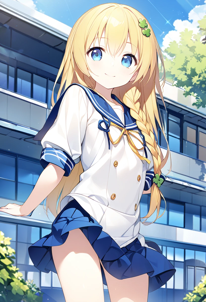  Masterpiece、 very young girl 、 Extremely small bust 、 slender body、Thin legs、 cobalt blue eyes 、Bright yellow long hair、 braid long hair、Clover's single hair ornament、 sailor suit、 blue sky、School building、School buildingの前、smile、