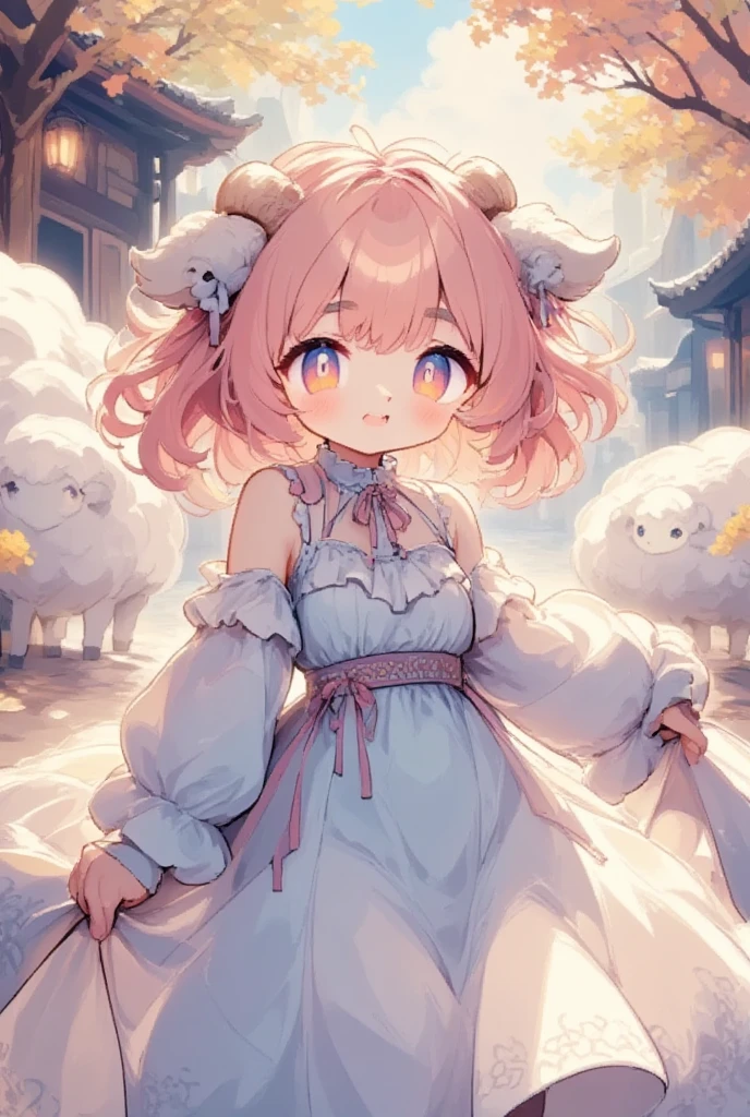 (masterpiece, best quality:1.2), 1girl, solo, sheep girl, sheep horns, pink hair, chinese clothes, detached sleeves, choker, frilled sleeves, furry, anime style,