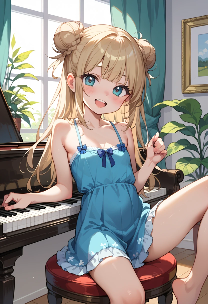 (( top quality )), ((masterpiece)), (be familiar with),  perfect face, indoor, bedroom,  Watching Viewers ,
One woman, I was,
 open mouth,  ecstatic expression beside the piano, blush, smile,
 small tits,  flat chest, Young girl, Lori,  s,  girl,
 long hair,  twin bun hair ,
Leg spread,