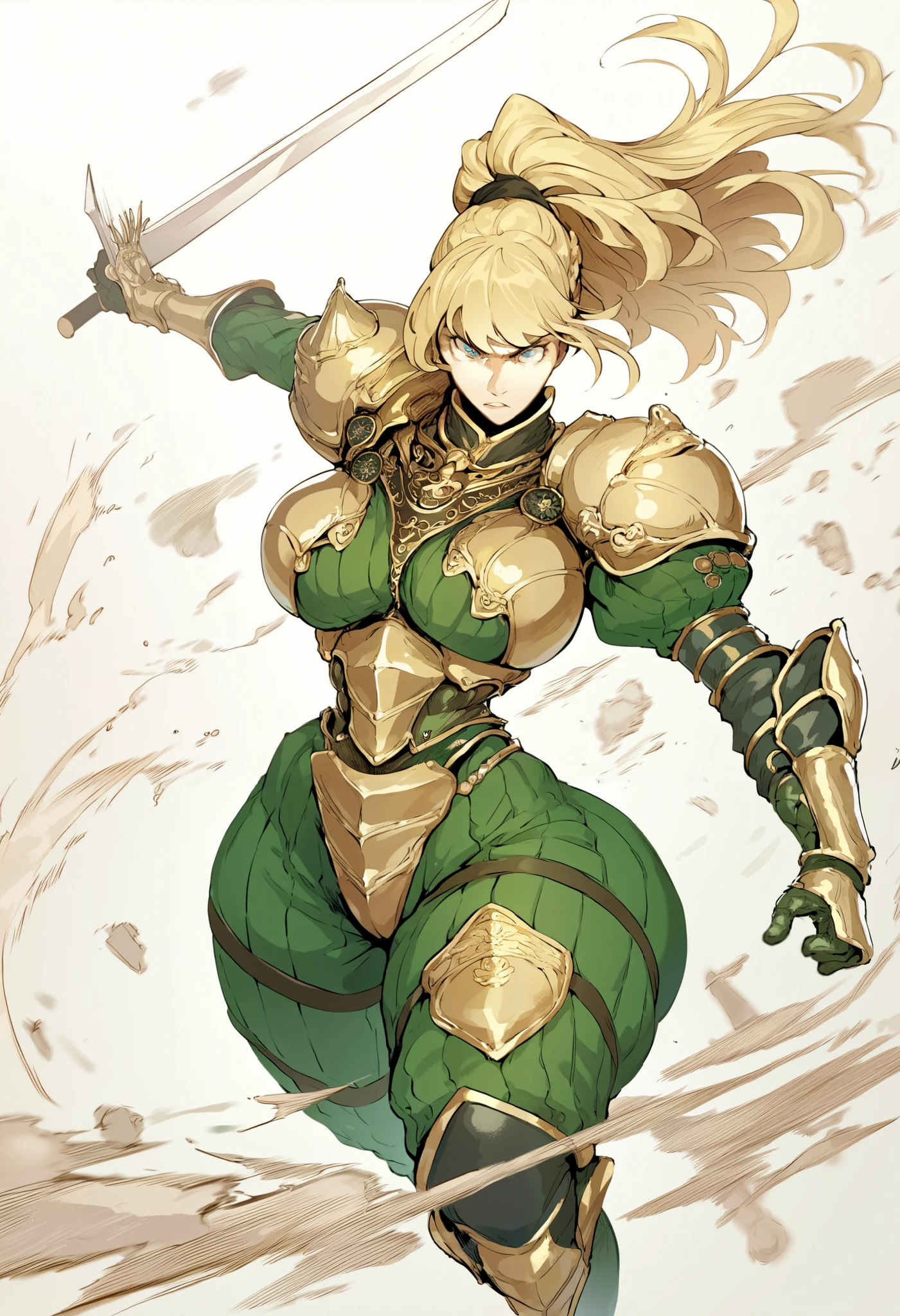 Sluttyoutfit, huge wide hips, big breasts, thin waist, narrow waist, sexy woman, pose fight, source_anime, anime_source, anime style, kunaboto style, score_9, score_8_up, score_8, Micro armor, claudia levantine, venus body, Two-handed sword, solo