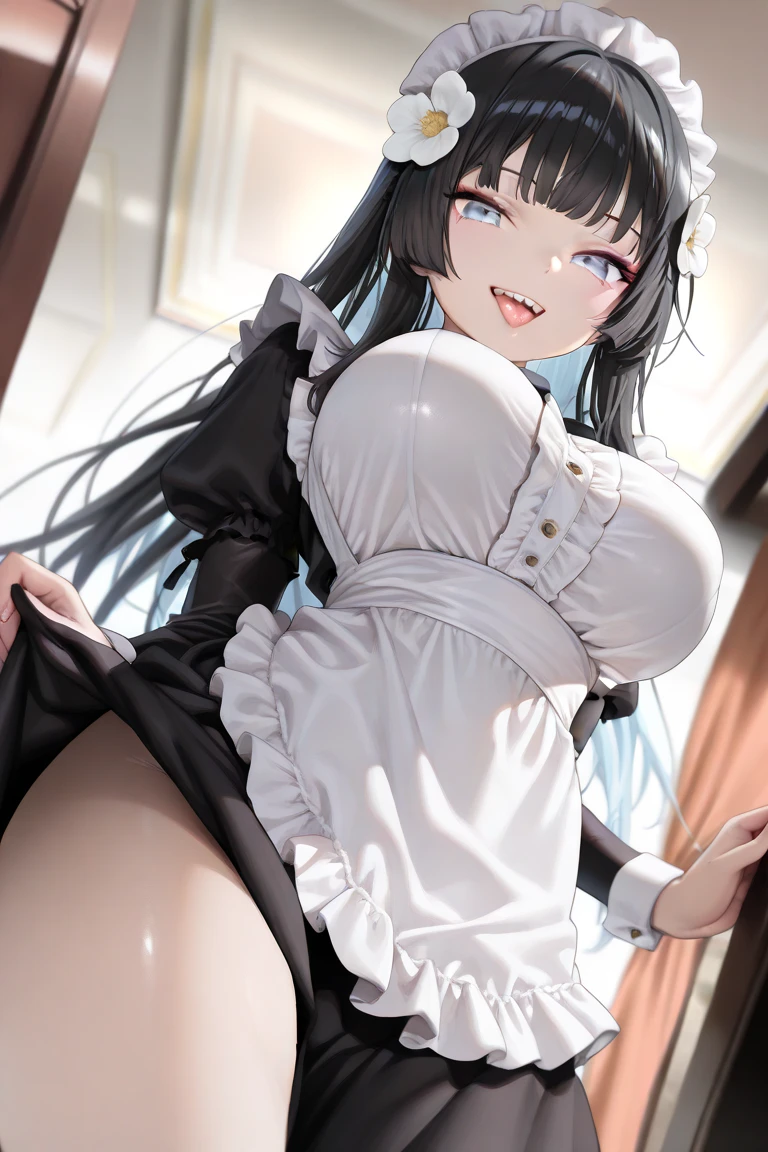 (masterpiece、 top quality 、 super detailed )、((１ girls with light makeup))、(( black hair))、、Girls around  、(( long hair))、(( light blue eyes))、 sticks out his tongue 、I can see my double teeth、 cute女の子、cute、Thighs、  erotic、cute girl, ,  maid clothes、Plottis muscle、   lower angle  ,,    long hair, ,  princess cut,  , Perfect smooth skin,      seductive smile, ( top quality ,4K,8k,     high res  ,masterpiece:1.2),   super detailed  ,    intricate details  ,    high fashion   , Dramatic lighting, Warm colors,    、Flowers in hair、(( very big breasts))