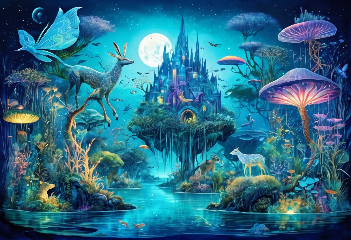 Fantastical animal kingdom, mixed media style, mythical and real creatures intertwined, floating islands, bioluminescent elements, dreamlike atmosphere