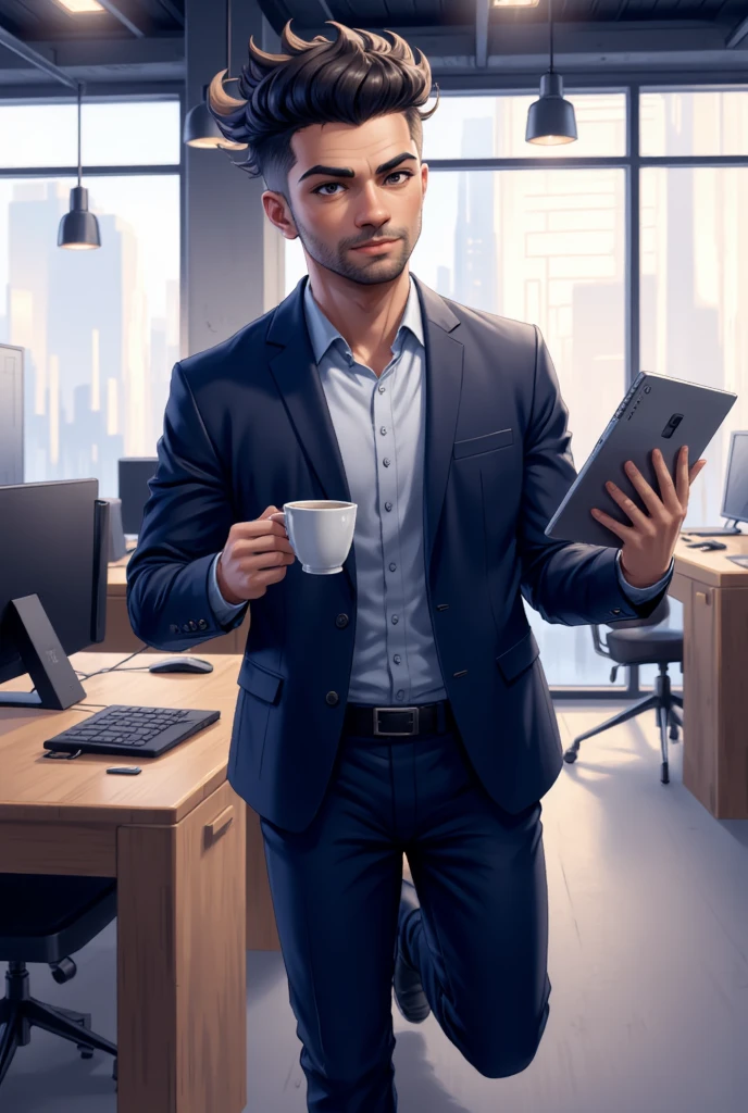 ((score_9, score_8_up, score_7_up, score_6_up)). Pivalora1, a 26-year-old man with short black hair in a military skinhead cut, bright brown eyes, is in a working pose, holding a tablet in one hand and a coffee in the other. He is dressed in a dark blue executive suit. The setting is a modern office with work tables, computers, and large windows. The natural light creates soft reflections and gentle shadows, highlighting the character's concentration and determination. He is in a working stance, with his body balanced and ready for action, moving with his hair and suit swaying gently in the wind. The environment is professional and modern, with natural lights and soft shadows. The composition is balanced, with the character at the center of attention, surrounded by the professional elements of the modern office. The underlying narrative suggests a story of success and efficiency, with the character facing challenges with concentration and emerging as a skilled and determined figure. Close_up (((straight_on))), handfixer
