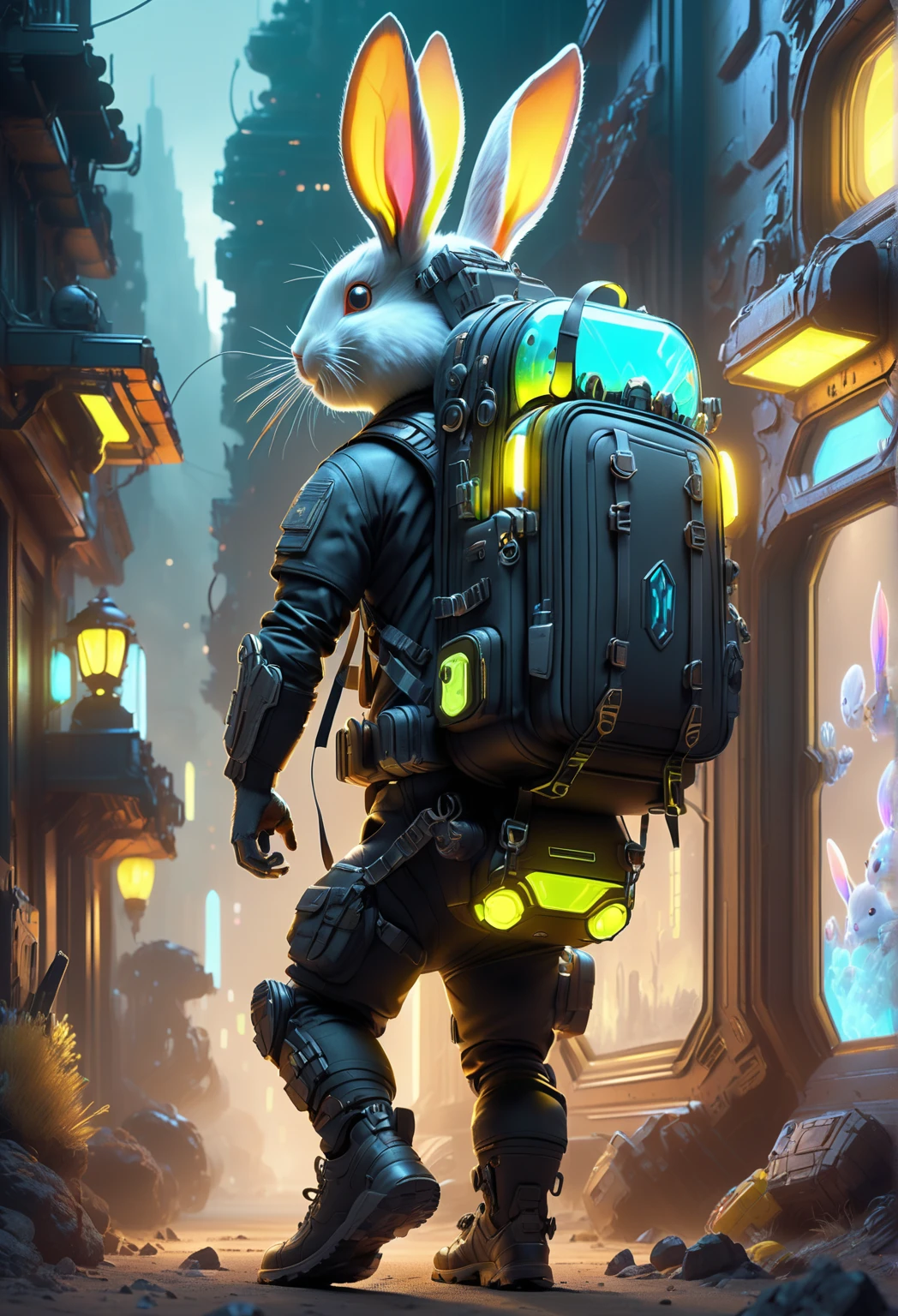 ((Best quality)), ((Masterpiece)), ((Realistic,Digital art)), (ultra - detailed),DonMBl00mingF41ryXL UraniumTechAI An adventurous bunny idventurous costume, Carrying an explorer's backpack, , Octane rendering, Ray traching, voluminetric lighting, The light from the back window is backlighted,rim lit, 8K,