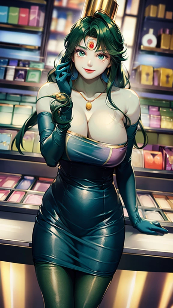 (masterpiece, top quality ,Ultra delicate,  perfect face,16k,   high res ,   very beautiful women,raw photo,cute), Heavy makeup:1.3,  deep green hair  ,  Blue Latex Bodycon Dress ,   Long Blue Latex Gloves  , Light Green Tights ,  Big Breasts , Tall Cylindrical Gold Headpiece ,   blue-white skin, Red gem on forehead, ((Cosmetics counter  )),   necklace,  smile ,  cowboy shot