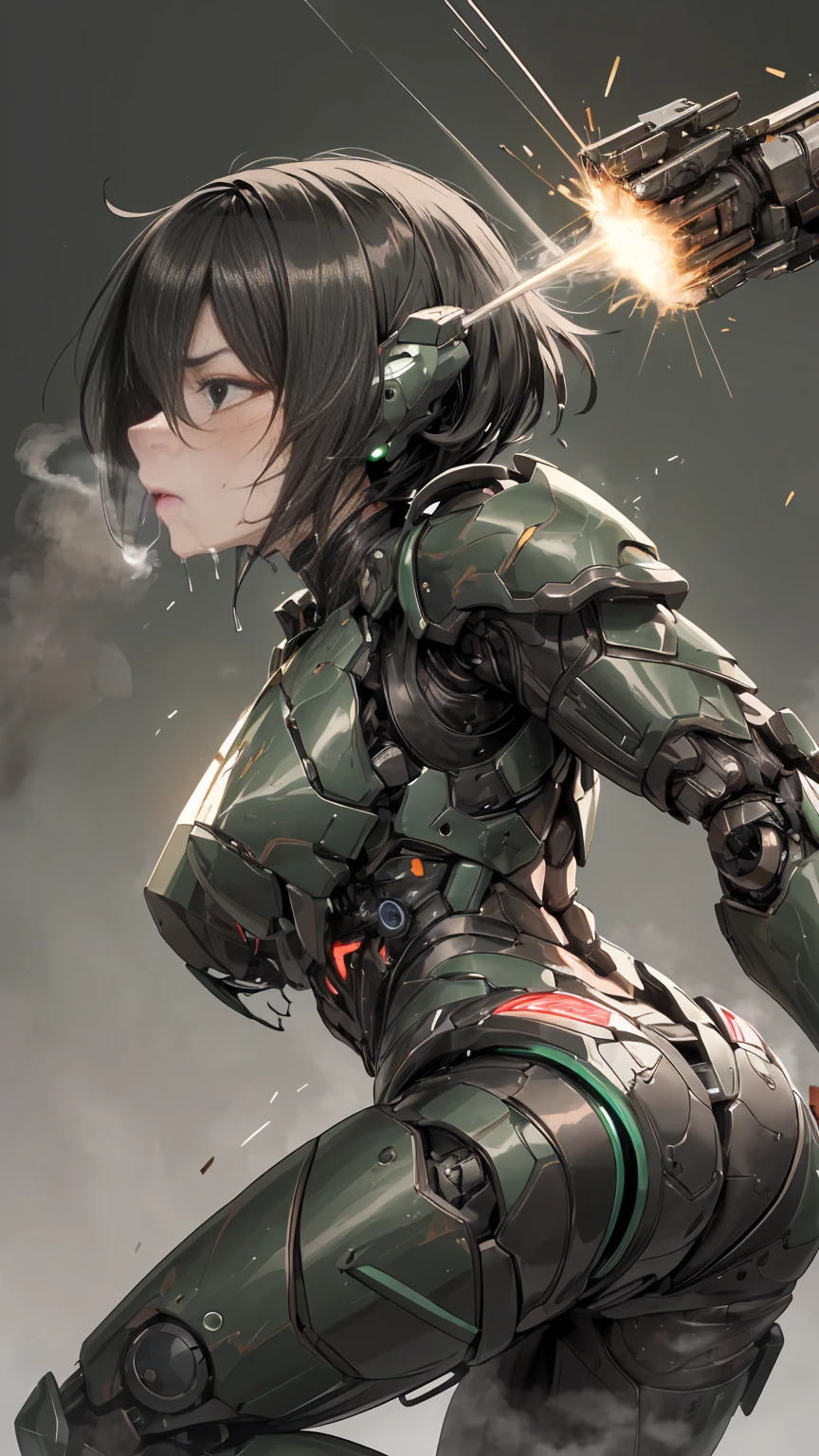 ,  非常に   Detailsな,    Details,    high image quality, 最   high image quality,       high res   , 1080P 、   smoke coming out of the wound    　   green armor   、    Steam comes out   、cute((全身のSerious damage))(    injured woman in a robotic suit  ...)()(Broken Armor)((    cracks are spreading    ))(Black    smoke coming out of the wound    )    black hair、  short boyish hair 、Torn Armor、    wet hair 、   close your eyes 　   open your mouth 、(   steam coming out of the body   )Sweaty face、It hurts again、Serious damage、saliva splashes out of her mouth 、saliva dripping from the mouth、  Coming out of a wound    　Walking a short distance 　 首の周りの肌が見えない  injured woman in a robotic suit    　(    steam is coming out of my face  ) (( black   smoke coming out of the wound    ))    looks up　saliva　(    rear view    )     being slammed against a wall   　Bust exposure   　Armor is peeling    