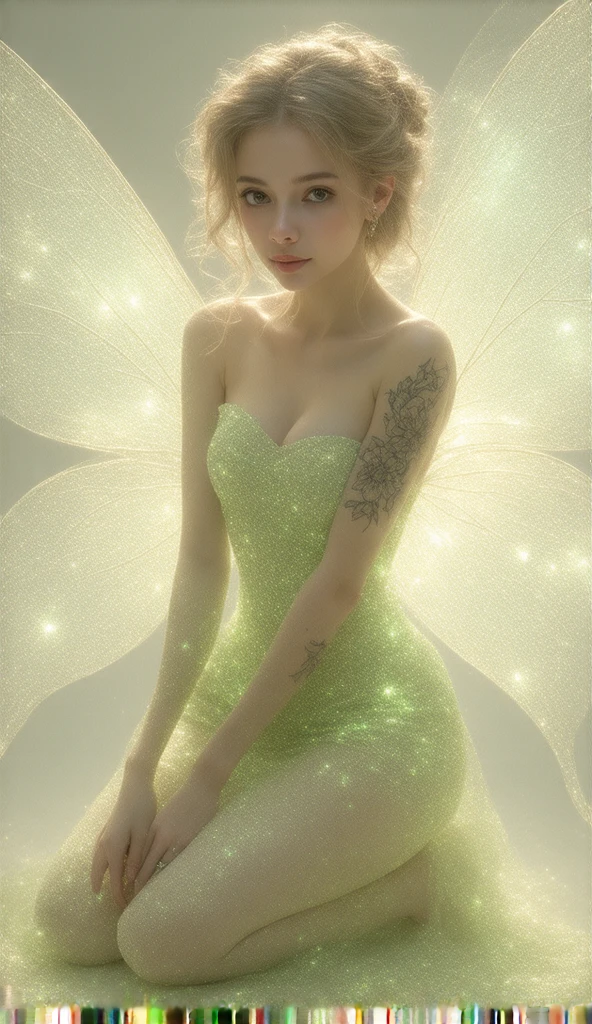 the proportions and detailed textures (in high quality), multicolored brushwork and softened with airbrush, semi-realism illustration featuring of a beauty exotic Tinkerbell Fairy (full body) and shy pose, angelic face, innocent look, thick thighs, wide hips, thin and high waist, flat stomach with a the aura that illuminates her takes the form of fairy wings made of biofluorescent light multicolor focus on detailed design. The character has long, light hair with curls at the ends, light skin with a soft pink tone and highlights, He has tattoos on his shoulders, thick thighs, single bun and hands with floral animal motifs. She is wearing a miniature strapless tight green dress, huge breasts (No panties) and translucent. The view shows her on her knees with her arms and hands together touching her thighs in a shy pose.highlighting the design of a Miniature tight green strapless dress and translucent. Her clothes with shading and folds give volume and depth to the character. The card's background is a light multicolored color, with the Ace of Hearts symbol in red located at the top left and bottom right corners. very balanced saturation in the color palettes very defined (Color with monochorome intense shaded tones and shine. tone red 25% + yellow 25% + blue 25% + biofluorescent 12.5% transparencias 12.5%. aesthetic fusion by (Fibonacci ratio. female young (tinkerbell of Disney) character type. texture silk and plant leaves (Miniature green strapless dress bodycon-like) style. a poupée réaliste of a young fairy. Haute couture photoshoot (full body fairy pin-up pose). Sharp Highly Detailed Soft Focus, Approaching Perfection, Full HD 8K. High and Low Angles. of Milo Manara, studio ghibli, Coco Chanel, Gianni Versace, H. R. Giger, Greg Rutkowsk art style fusion.


