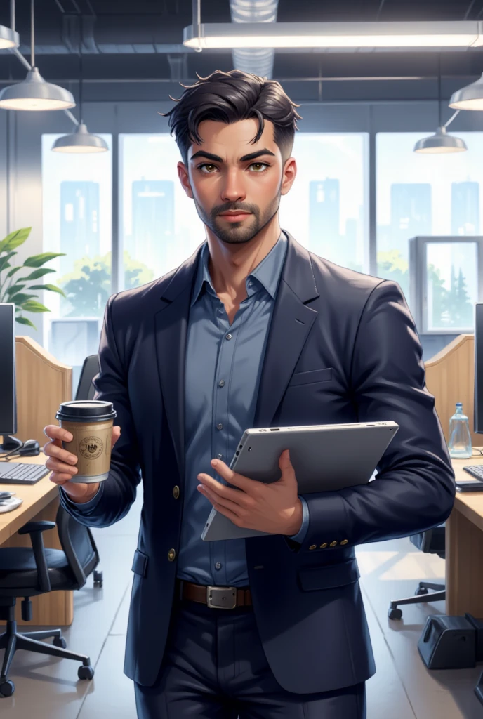 ((score_9, score_8_up, score_7_up, score_6_up)). Pivalora1, a 26-year-old man with short black hair in a military skinhead cut, bright brown eyes, is in a working pose, holding a tablet in one hand and a coffee in the other. He is dressed in a dark blue executive suit. The setting is a modern office with work tables, computers, and large windows. The natural light creates soft reflections and gentle shadows, highlighting the character's concentration and determination. He is in a working stance, with his body balanced and ready for action, moving with his hair and suit swaying gently in the wind. The environment is professional and modern, with natural lights and soft shadows. The composition is balanced, with the character at the center of attention, surrounded by the professional elements of the modern office. The underlying narrative suggests a story of success and efficiency, with the character facing challenges with concentration and emerging as a skilled and determined figure. Close_up (((straight_on))), handfixer
