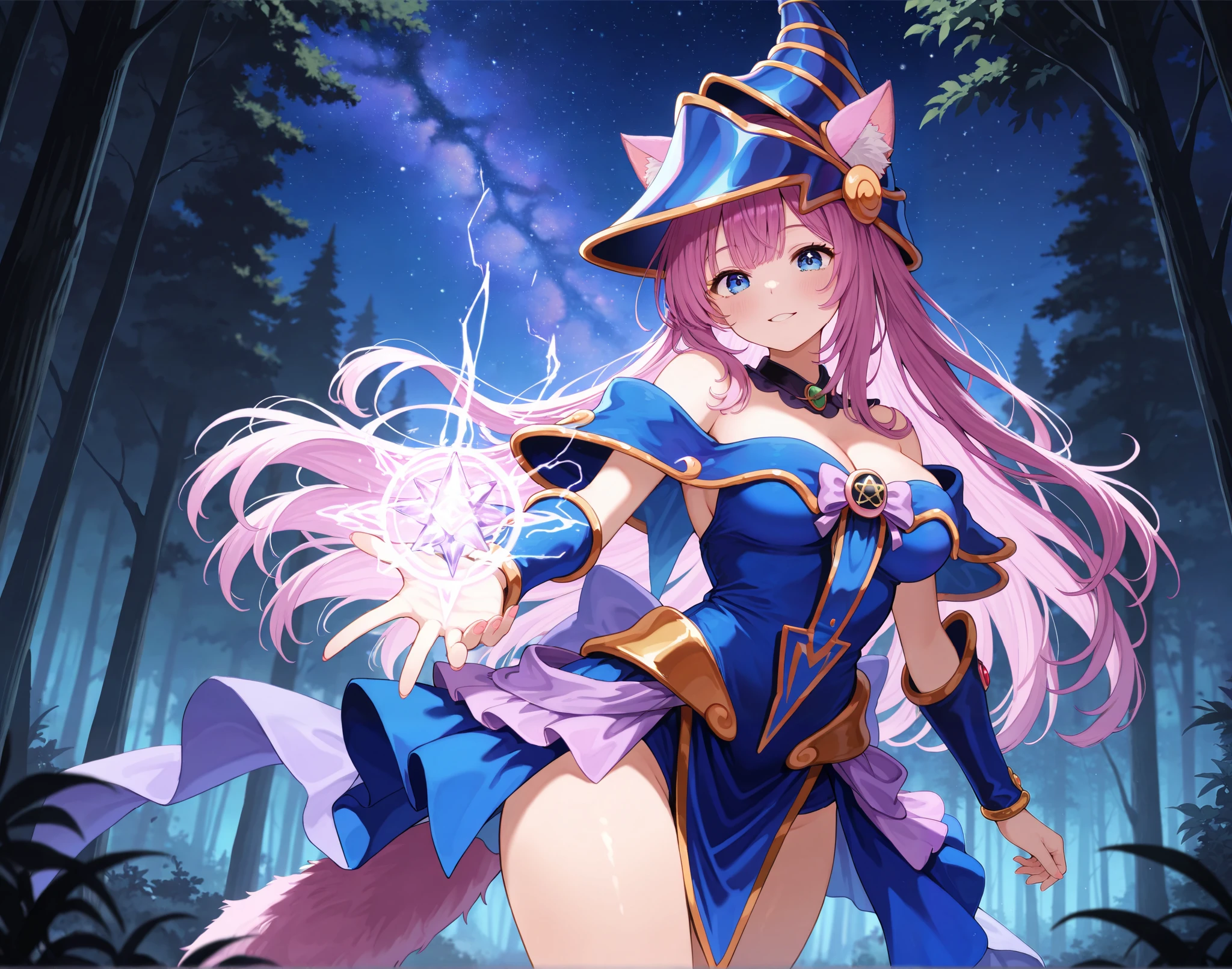 A pink haired woman with violet eyes with an hourglass figure in a dark magician girl outfit is posing in a dark forest with a big smile