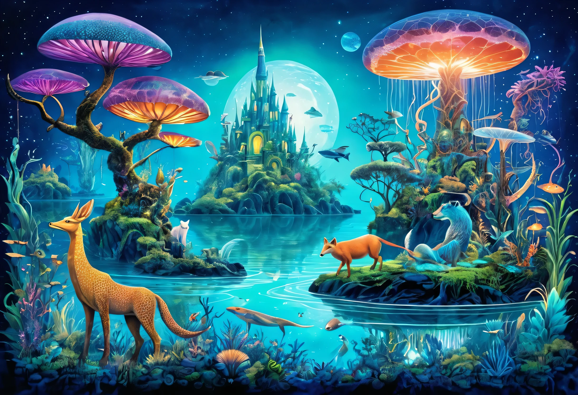 Fantastical animal kingdom, mixed media style, mythical and real creatures intertwined, floating islands, bioluminescent elements, dreamlike atmosphere