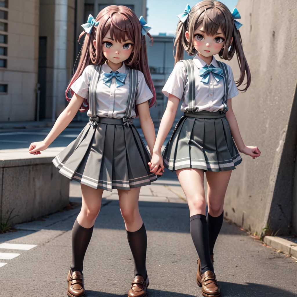 AsagumoKC, (white) shirt, (suspenders) skirt, (hair) ribbon, (pleated) skirt, (grey) skirt, (black) thighhighs, shoes
