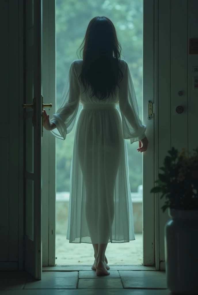 Brazilian woman opening apartment door in nightgown, 4K, 真实感, ultra realisitic