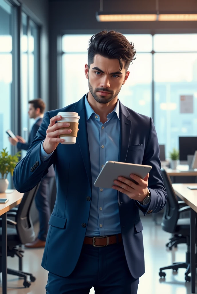 ((score_9, score_8_up, score_7_up, score_6_up)). Pivalora1, a 26-year-old man with short black hair in a military skinhead cut, bright brown eyes, is in a working pose, holding a tablet in one hand and a coffee in the other. He is dressed in a dark blue executive suit. The setting is a modern office with work tables, computers, and large windows. The natural light creates soft reflections and gentle shadows, highlighting the character's concentration and determination. He is in a working stance, with his body balanced and ready for action, moving with his hair and suit swaying gently in the wind. The environment is professional and modern, with natural lights and soft shadows. The composition is balanced, with the character at the center of attention, surrounded by the professional elements of the modern office. The underlying narrative suggests a story of success and efficiency, with the character facing challenges with concentration and emerging as a skilled and determined figure. Close_up (((straight_on))), handfixer
