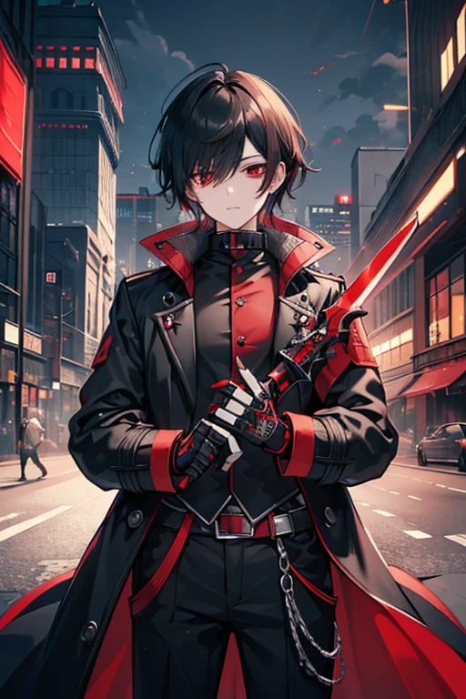 (( top quality )), ((masterpiece)), (  Details),　I have a large red and black metal sword　Male young  　 black hair with one eye hidden  　  futuristic industrial anime clothing  　  long coat in slightly larger black 　 black and red 　  red eyes　 Game　 Unmotivated face 