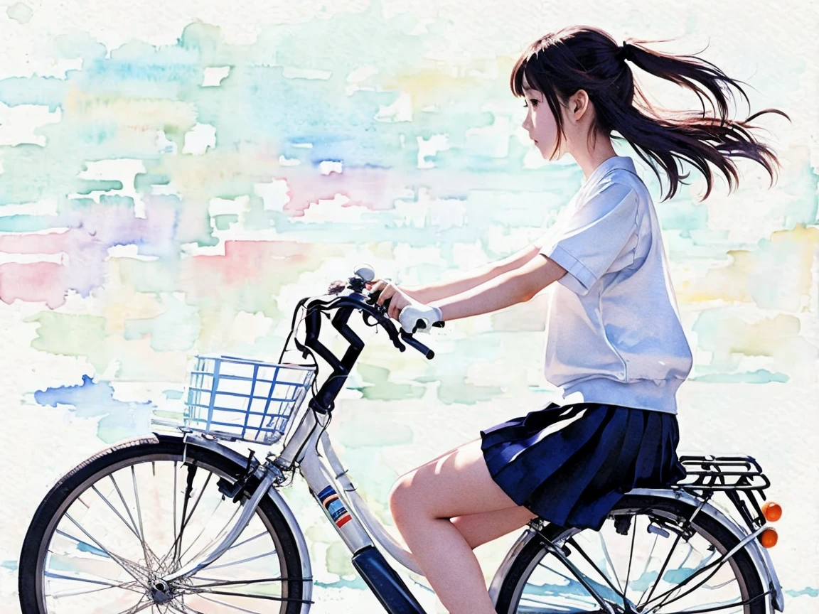 (masterpiece, highest quality:1.2), Reality、One girl riding a bicycle, alone、high school girl、uniform、From the side、Blank background、White background、Watercolor style、