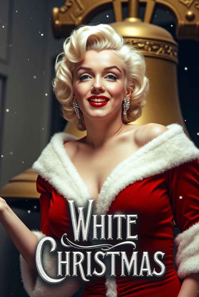  Writing  decoration silver and black Italic letter, "White Christmas", writing bottom screen,  Front view, soft focus, Cinematic lighting, X mas gold western bell small neck less,  Look up at the sky,  upper body shot ,open hands, 1 female , name is Marilyn Monroe,  (blonde curl hair, blue eye ,smile),  Santa Claus costume,  Santa hat and shoes, fall many snow, White Christmas, in New York , night, (masterpiece, highest quality, High resolution, Photo realistic, sharp, RAW Photos, wallpaper, perfection, Professional Lighting, Very detailed)