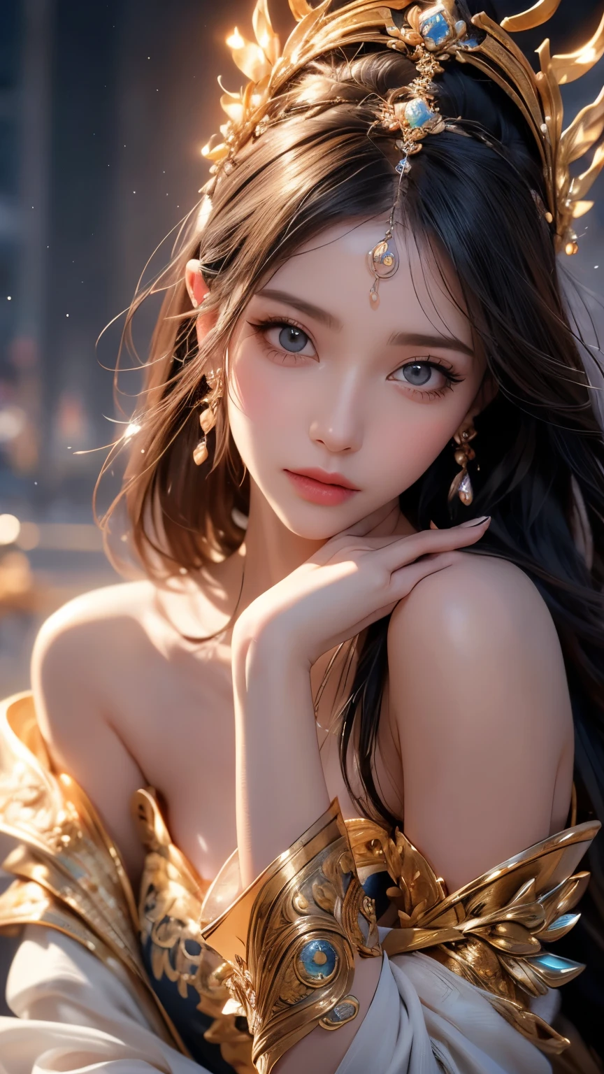 Ultra-detailed complex 3D rendering of the face, (masterpiece, top quality, octane rendering), glamour shots, full body image, very beautiful young elves, cleavage, (highly detailed skin: 1.2), (exposure: 1.1), ((((Silver micro bikini: 1.95)))). 40k, (((very soft breasts)), (((conspicuous large pink areola)), beautiful Caucasian woman with full soft breasts and white skin with big buttocks, one, long braided hair, big breasts, dynamic angle, (((huge breasts: 2.4)), ultra-realistic photos, (((((brown-haired))), futuristic urban background, facial muscles, ((((detailed and glamorous gold crown)))), In the style of Marvel Comics, ArtStation Trends, Clear Focus, Intricate Detail, Highly Detailed, Detailed Green Eyes, Very Detailed, Sharp Focus, Digital Rendering, Professional, Abs, Lip Gloss, Glossy Skin, Sexy Pose,