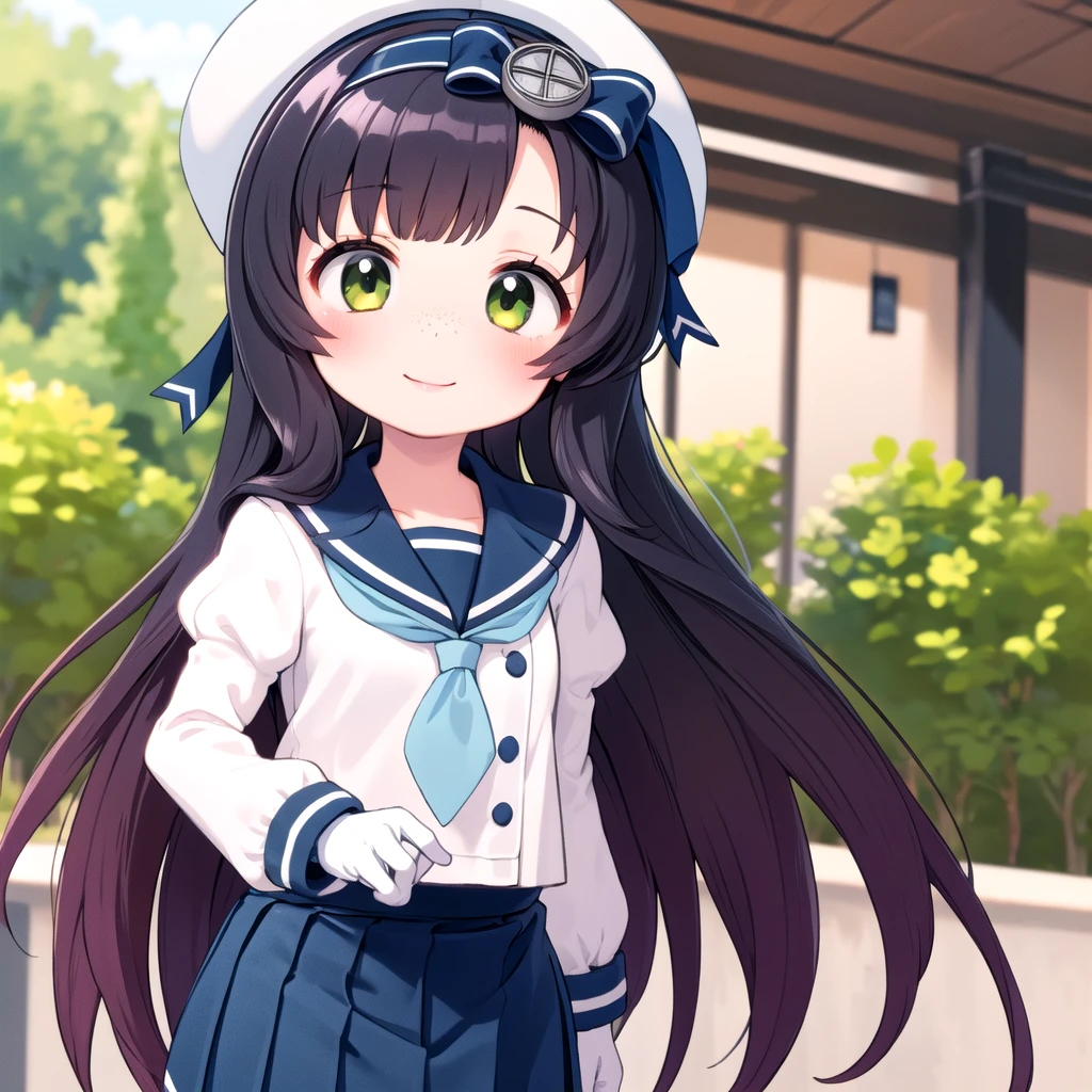 best quality, masterpiece, highly detailed, 1girl, solo, smile,
matsuwa, freckles, very long hair,
school uniform, sailor hat, blue ribbon,  blue sailor collar, blue neckerchief, juliet sleeves, long sleeves, white gloves, blue skirt, pleated skirt,
outdoors,