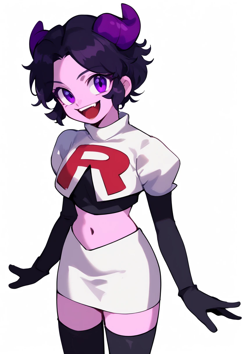 jellybean_yt, solo, looking at viewer, smile, short hair, open mouth, black hair, 1girl, white background, purple eyes, female focus, horns, teeth, colored skin, fangs, team rocket,team rocket uniform,white skirt,red letter R,crop top,black thigh-highs,black elbow gloves, source