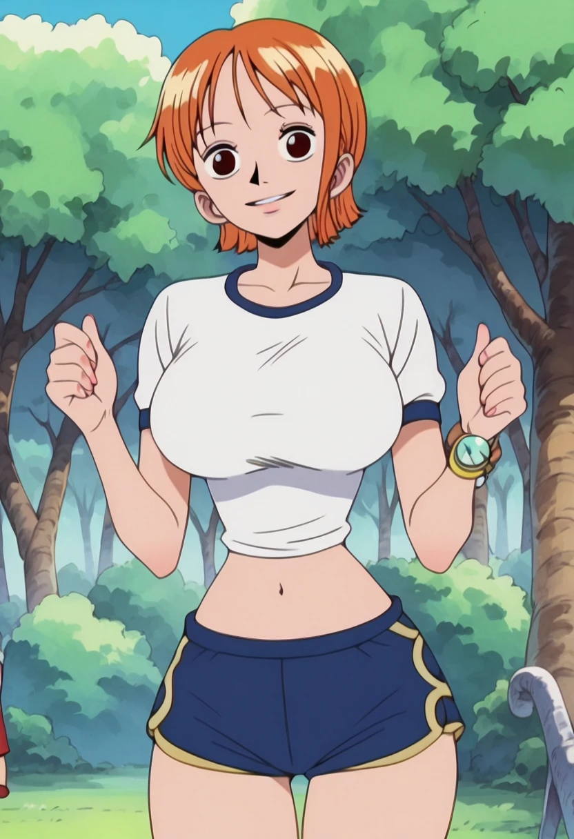 score 9, nami, anime screenshot, wano country arc, 1girl, solo, huge breasts, 
 looking at viewer, short hair, white shirt, uniform, gym uniform,shorts, parted lips, cowboy shot, miniskirt, wide hips, thick thighs, navel, skin tight, happy,
outdoors, 