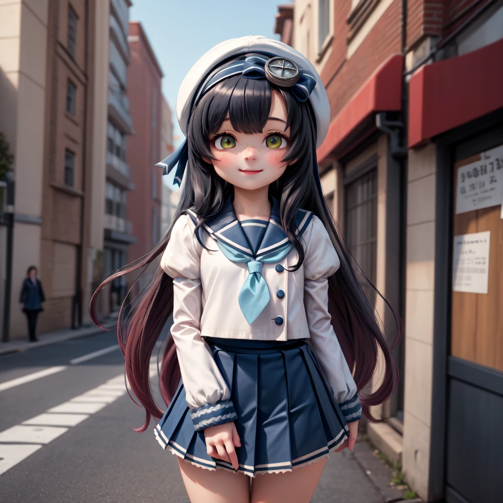 best quality, masterpiece, highly detailed, 1girl, solo, smile,
matsuwa, freckles, very long hair,
school uniform, sailor hat, blue ribbon,  blue sailor collar, blue neckerchief, juliet sleeves, long sleeves, white gloves, blue skirt, pleated skirt,
outdoors,