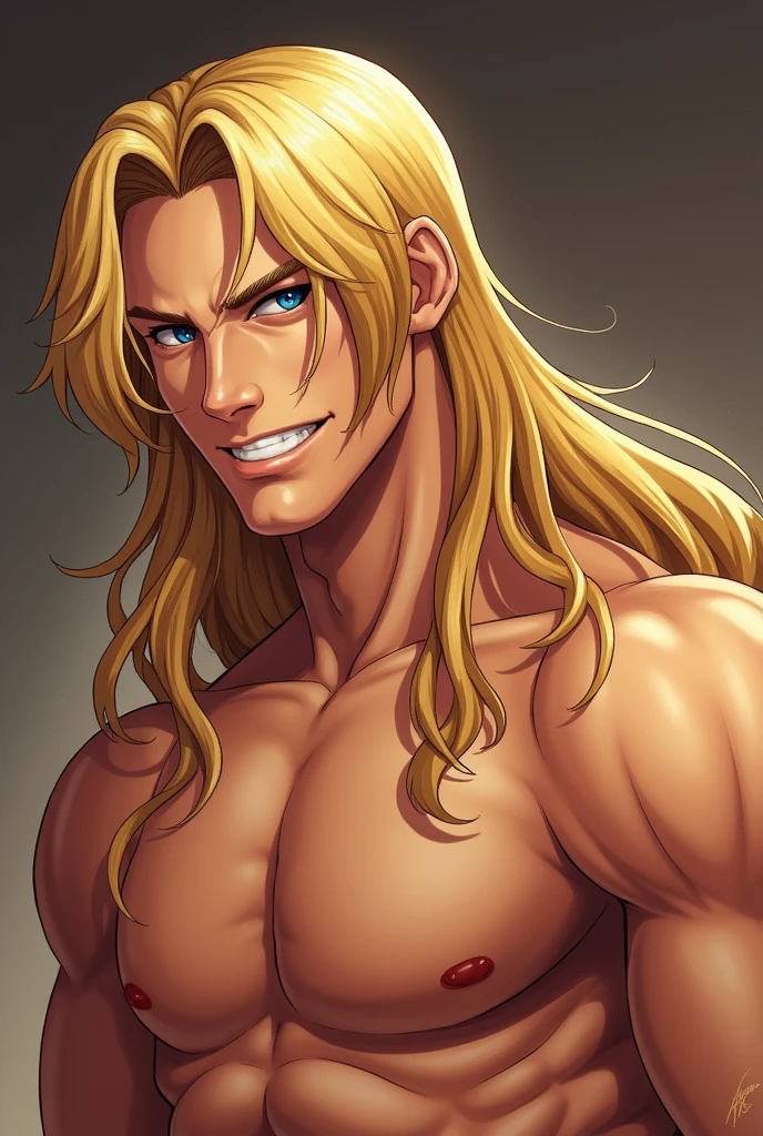 male character, long dark blonde hair, tied up hair, dark blond beard. greeneyes. ears with small tips. Character defined, wearing no shirt, white cargo pants. anime dash