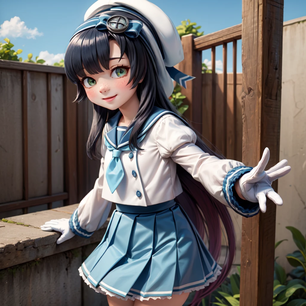 best quality, masterpiece, highly detailed, 1girl, solo, smile, matsuwa, freckles, very long hair, school uniform, sailor hat, blue ribbon, blue sailor collar, blue neckerchief, juliet sleeves, long sleeves, white gloves, blue skirt, pleated skirt, outdoors,
