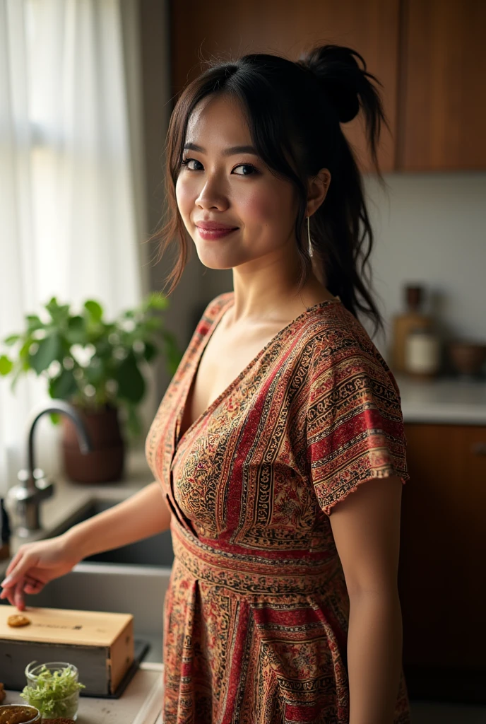 A beautiful indonesian woman, tied messy hair, wearing inticate pattern housedress, cleaning the house at the living room, bright morning, look at the viewer, natural light, hyper detailed flaws skin, sweaty, wide angle shot,