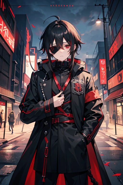 (( top quality )), ((masterpiece)), (  Details),　 and has a large red and black metal braid　Male young  　He has black hair with one blindfold in a short bundle at the back 　  futuristic industrial anime clothing  　  long coat in slightly larger black 　 black and red 　  red eyes　 Game　 Unmotivated face 