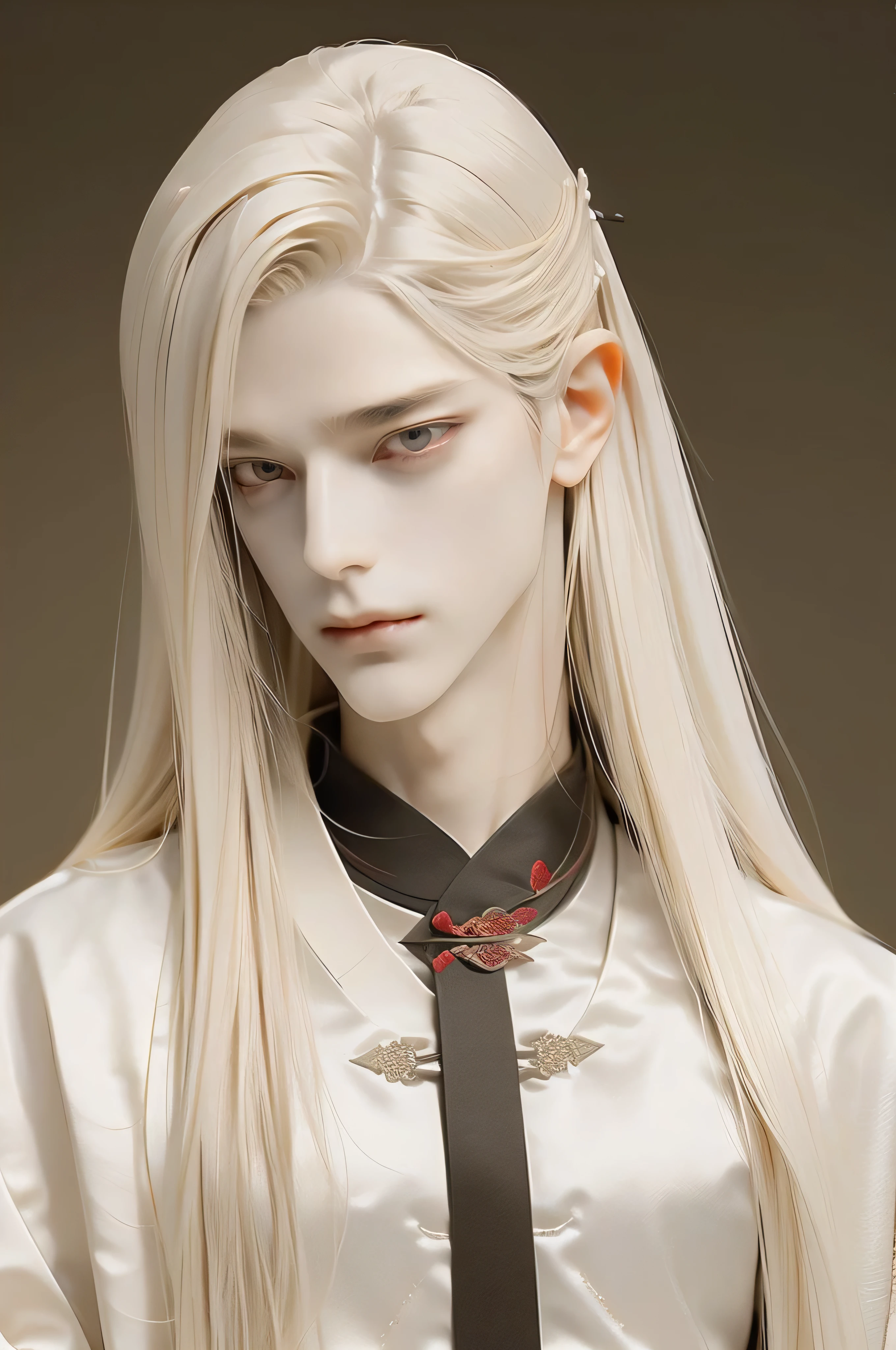 A pretty handsome, delicate, Skinny Male, Very long light blonde hair, ((he has red eyes)), Slender and thin body, (((Full body))), standing in front of the mountain, Delicate and soft facial features, Soft_light, pointy ears, ((sinister grin on his face)), he's wearing white long chinese hanfu, proud and powerful prince