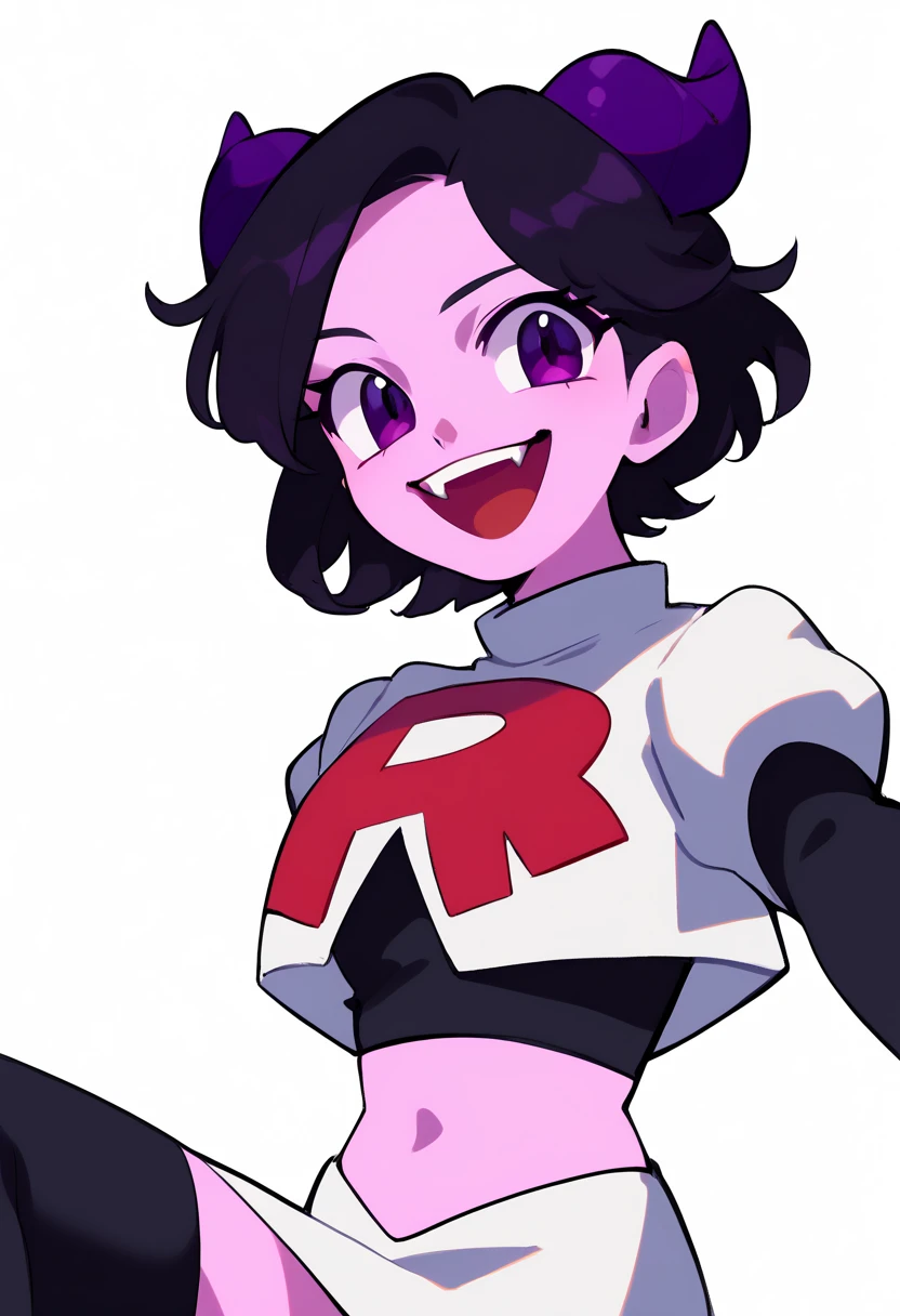 jellybean_yt, solo, looking at viewer, smile, short hair, open mouth, black hair, 1girl, white background, purple eyes, female focus, horns, teeth, colored skin, fangs, team rocket,team rocket uniform,white skirt,red letter R,crop top,black thigh-highs,black elbow gloves, source