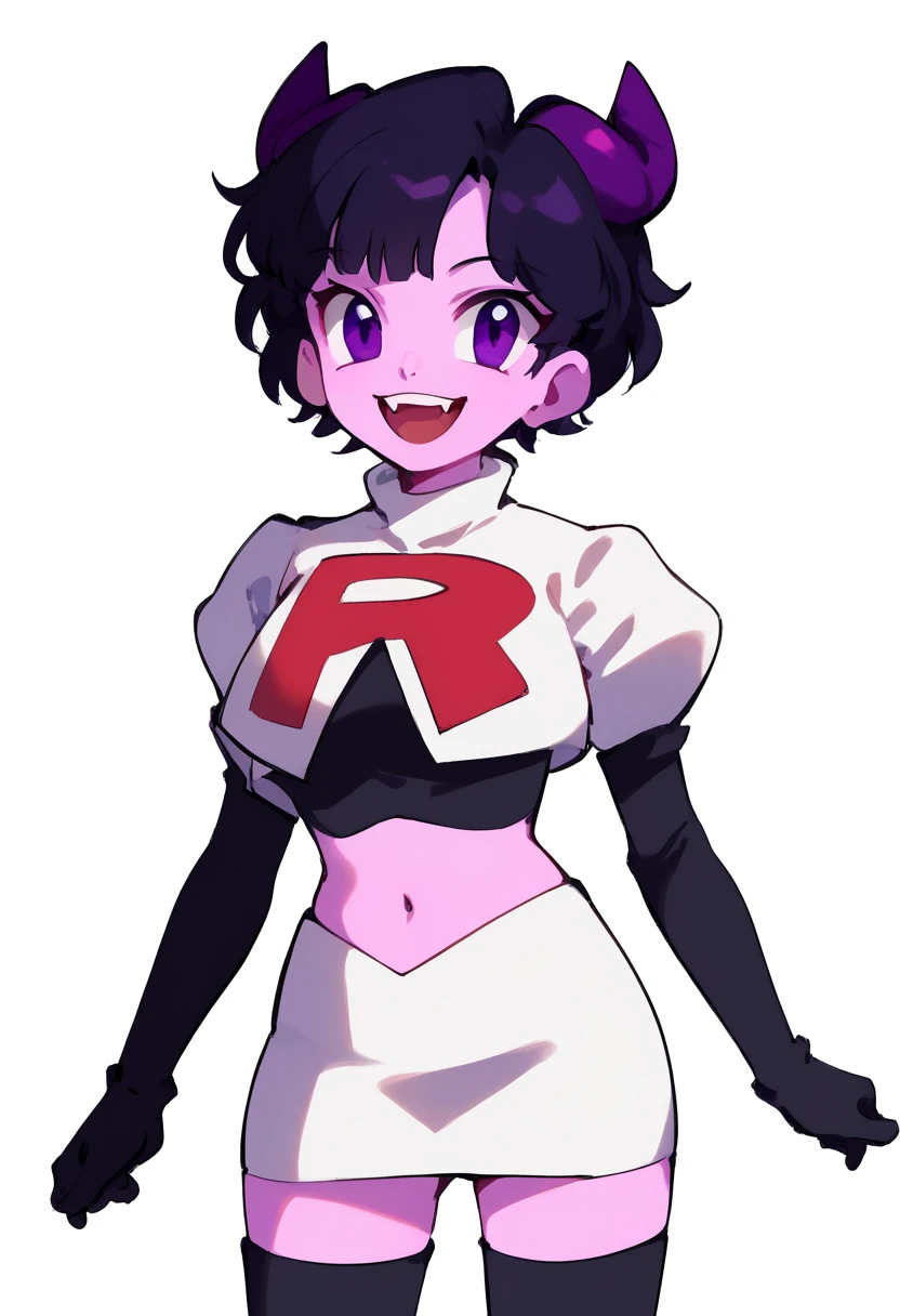 jellybean_yt, solo, looking at viewer, smile, short hair, open mouth, black hair, 1girl, white background, purple eyes, female focus, horns, teeth, colored skin, fangs, team rocket,team rocket uniform,white skirt,red letter R,crop top,black thigh-highs,black elbow gloves, source