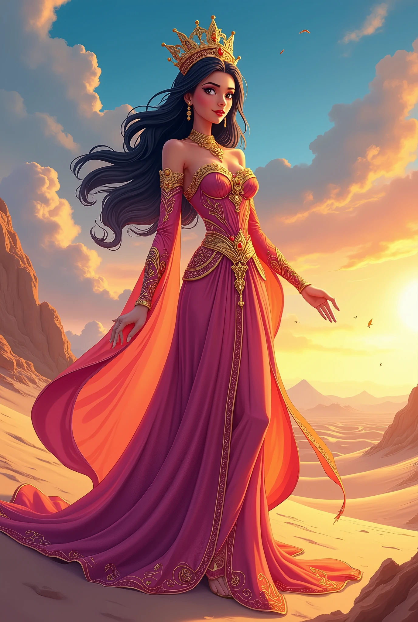  anime Arabian Nights, Queen of the Desert,  like a beautiful goddess ,  colorful dress , cartoon animation art, cartoon illustration art , 