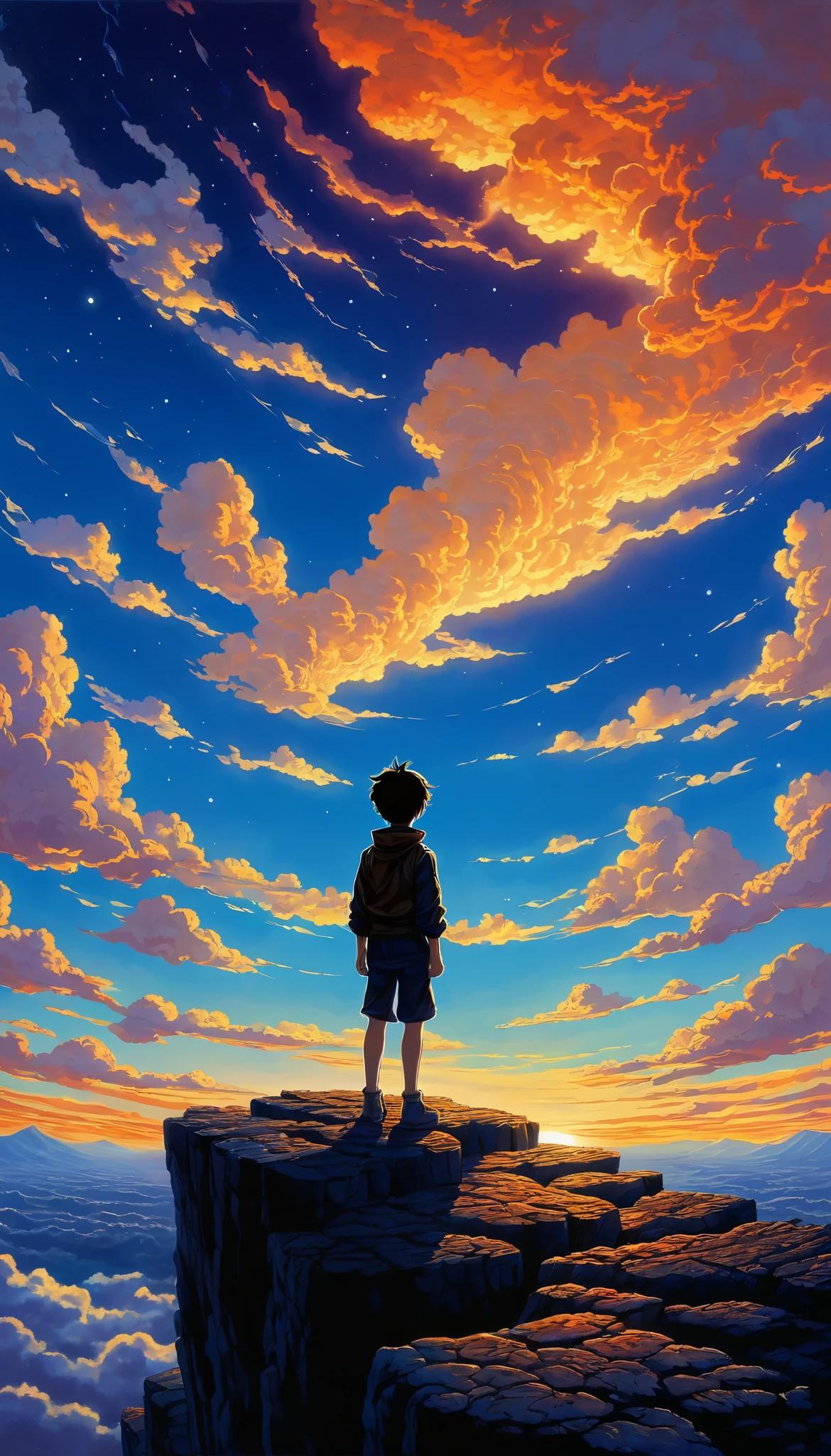 Anime style a painting of a boy bordering an abyss in the sky, anime landscape, inspired by the Hildebrandt brothers , inspired by the Hildebrandt brothers , by David B . Mattingly ,!!!!!!! by the Hildebrandt brothers!!!!!! detailed landscape art , by the Hildebrandt brothers