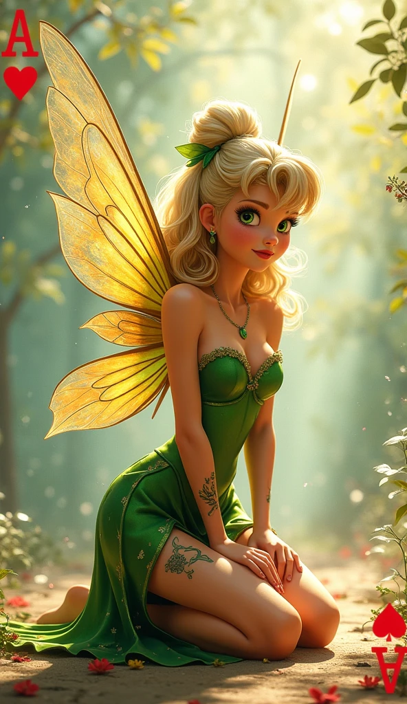 the proportions and detailed textures (in high quality), multicolored brushwork and softened with airbrush, semi-realism illustration featuring of a beauty exotic Tinkerbell Fairy (full body) and shy pose, angelic face, innocent look, thick thighs, wide hips, thin and high waist, flat stomach with a the aura that illuminates her takes the form of fairy wings made of biofluorescent light multicolor focus on detailed design. The character has long, light hair with curls at the ends, light skin with a soft pink tone and highlights, He has tattoos on his shoulders, thick thighs, single bun and hands with floral animal motifs. She is wearing a miniature strapless tight green dress, huge breasts (No panties) and translucent. The view shows her on her knees with her arms and hands together touching her thighs in a shy pose.highlighting the design of a Miniature tight green strapless dress and translucent. Her clothes with shading and folds give volume and depth to the character. The card's background is a light multicolored color, with the Ace of Hearts symbol in red located at the top left and bottom right corners. very balanced saturation in the color palettes very defined (Color with monochorome intense shaded tones and shine. tone red 25% + yellow 25% + blue 25% + biofluorescent 12.5% transparencias 12.5%. aesthetic fusion by (Fibonacci ratio. female young (tinkerbell of Disney) character type. texture silk and plant leaves (Miniature green strapless dress bodycon-like) style. a poupée réaliste of a young fairy. Haute couture photoshoot (full body fairy pin-up pose). Sharp Highly Detailed Soft Focus, Approaching Perfection, Full HD 8K. High and Low Angles. of Milo Manara, studio ghibli, Coco Chanel, Gianni Versace, H. R. Giger, Greg Rutkowsk art style fusion.


