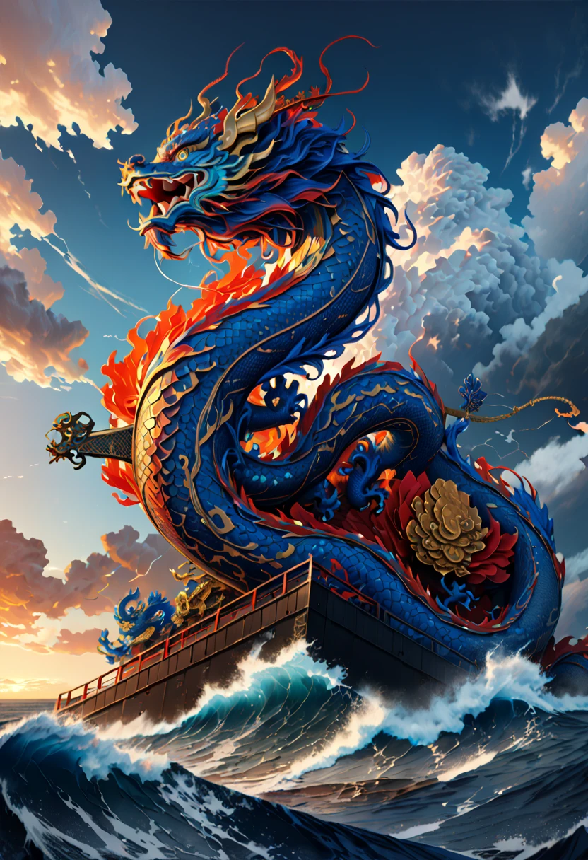 (The main subject: wide wide shot), The flame  dark blue,[Multicolored,(Chinese dragon anthropomorphism)], safe,dramatic clouds,(Go deep into the ocean), Rich details​, (Wide sky), (sense of vastness),Energy and vitality, Complicated details.(Best quality, A high resolution, tmasterpiece:1.2), (actual:1.37), HighDynamicRange。