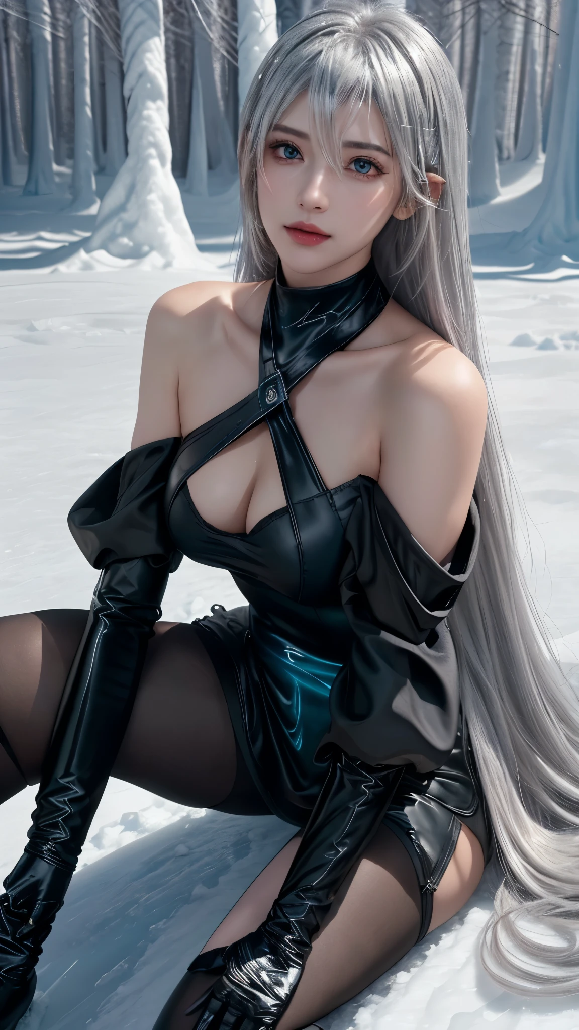 landscape of an woman, (((close up shot))), (((half body photo)))!!!, photography with Fujifilm XT3, depth of field, film grain, lens flare, (front focus)!!, female focus, dynamic lighting, volumetric lighting, A2 /(Nier Automata/), anime style, (((sit down at rock)))!!!, (The beauty and brilliance of frost-covered trees_The tranquility and beauty of a world of ice and snow around)!, (((looks at the camera with beautiful light cyan eyes)))!!, Ultra detailed eyes, (Beautiful light cyan eye's like sapphire :1.40)!!, Stars in her fixed eyes, (homochromatic eyes)!!!, seductive smile, long sleevemouth, (fresh thin lips)!, (Blush)!! Perfect nose, Cute little nose, Face Clean, hyper realistic skin, Hyper-detailing of eyebrows throught pony, (silver hair between eyes)!, silver hair bangs, (ultra shine silver hair)!!, (((long smooth thick straight silver hair)))!!!, ((dynamic composition)), ((Flying Pod))!!, detached sleeves, /(((wear black clothes_original costume of A2/)))!!!, (((Black Mini silk tight clothes_off shoulder)))!!!, (long black latex gloves), (((black garter & thighs_petticoat)))), (((there is modern neon sword)))!!!, vivid color clothes, detailed realistic clothes, plump breasts, (plump breast covered with black silk)!!, ((see through thighs))!!, ((see through smooth thighs))!!, fishnet legs, Best Quality, Masterpiece, Ultra-detailed, Beautiful, hight resolution, Original, CG 8K, perfect photo, dramatic lighting, (Realistic)!, Full HD, Best Quality, Beautiful lighting, (8k wallpaper of extremely detailed CG unit), High Details, sharp-focus, The art of dramatic and photorealistic painting, ((The beauty and brilliance of frost-covered trees, The tranquility and beauty of a world of ice and snow)), dynamic composition, breathtaking rendering, deep shadow, strong color