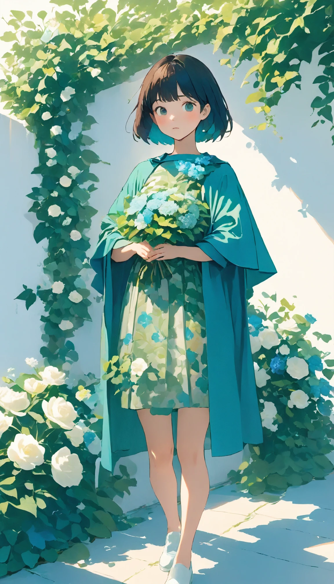 A woman standing in front of a white wall with a bouquet of flowers, Short hair, LOFI Girl, Ivy, wearing blue-Green clothes, With flowers, Low quality photos, With cape, Green clothes, photo shoot, Smooth input _ With background, LOFI Girlのaesthetics, 🤤 Portrait of a Girl, beautiful!!, Wearing long, loose clothing, Casual pose,  aesthetics