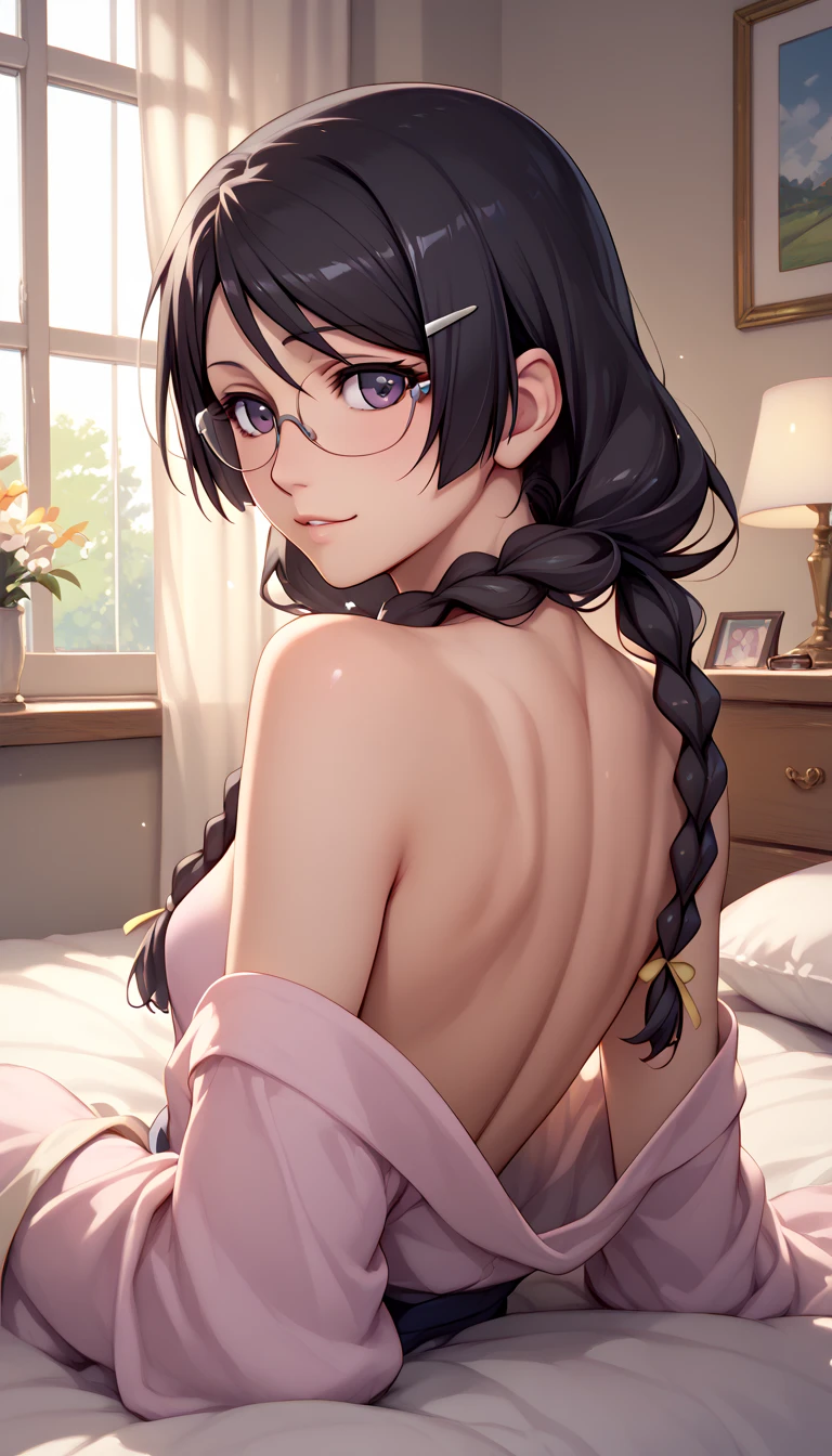 Erotic NSFW,(masterpiece), beautifully and in detail,ishigaki takashi Styles, tsubasa hanekawa,Black hair with braids at the back,Purple Eyes,Glasses,bedroom,front