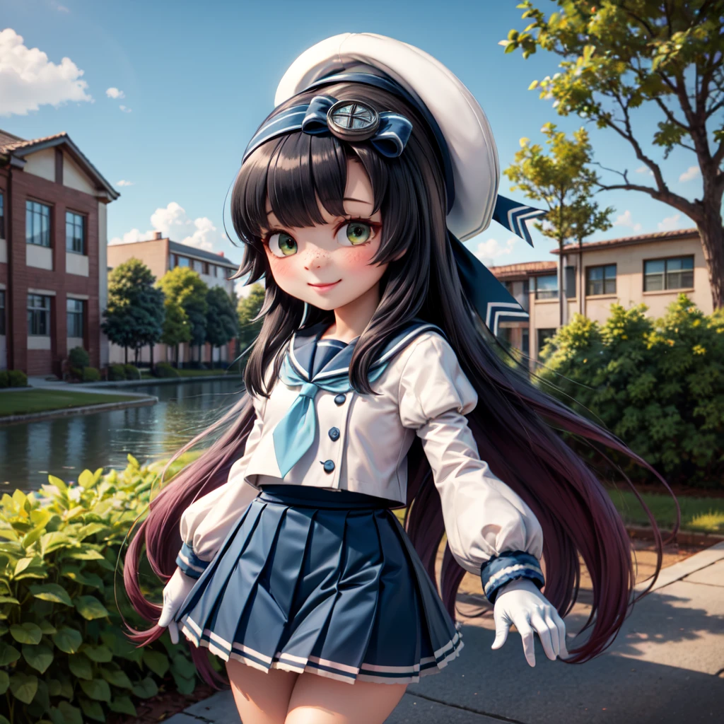 best quality, masterpiece, highly detailed, 1girl, solo, smile, matsuwa, freckles, very long hair, school uniform, sailor hat, blue ribbon, blue sailor collar, blue neckerchief, juliet sleeves, long sleeves, white gloves, blue skirt, pleated skirt, outdoors,
