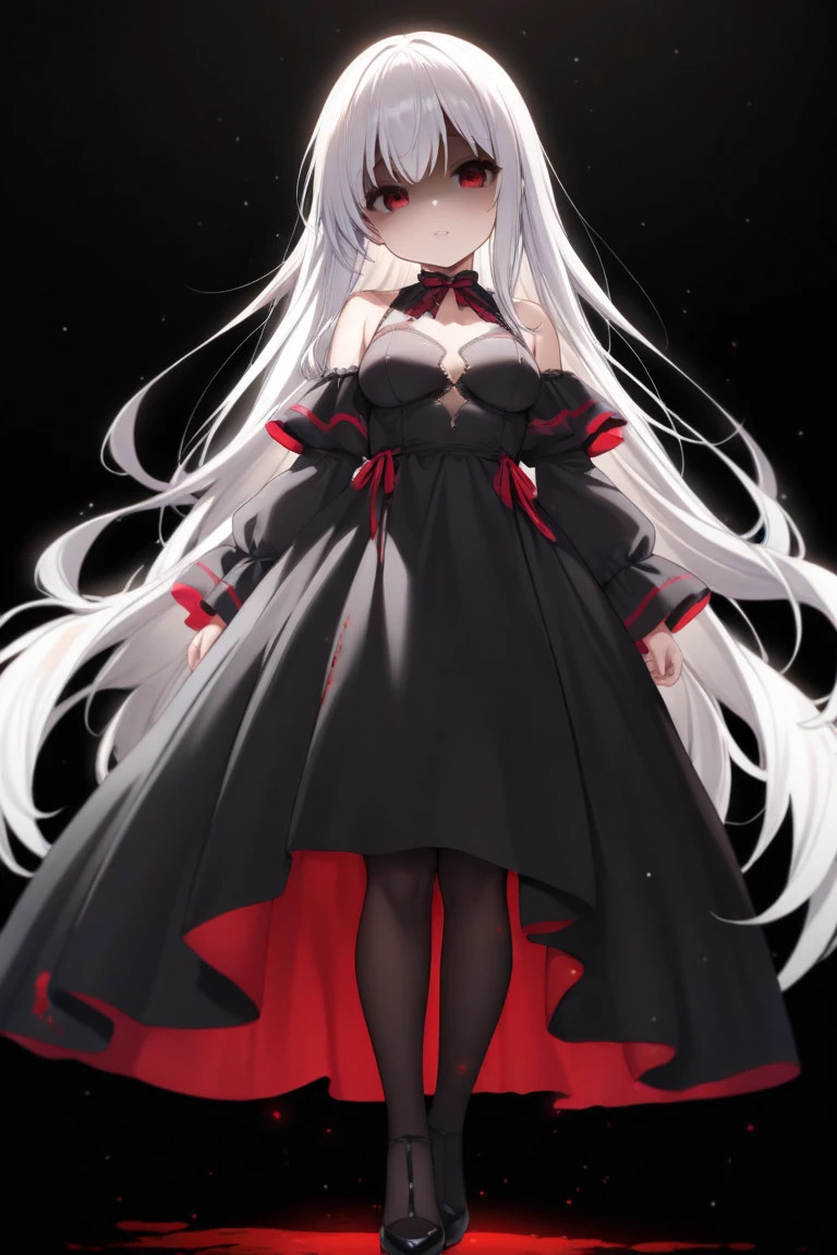 ((masterpiece,best quality)),1girl,beautiful detailed eyes, detailed face, (full body:1.2), white long hair, red eyes,small sized breasts, (black background:1.2), bloody particles, shaded face 